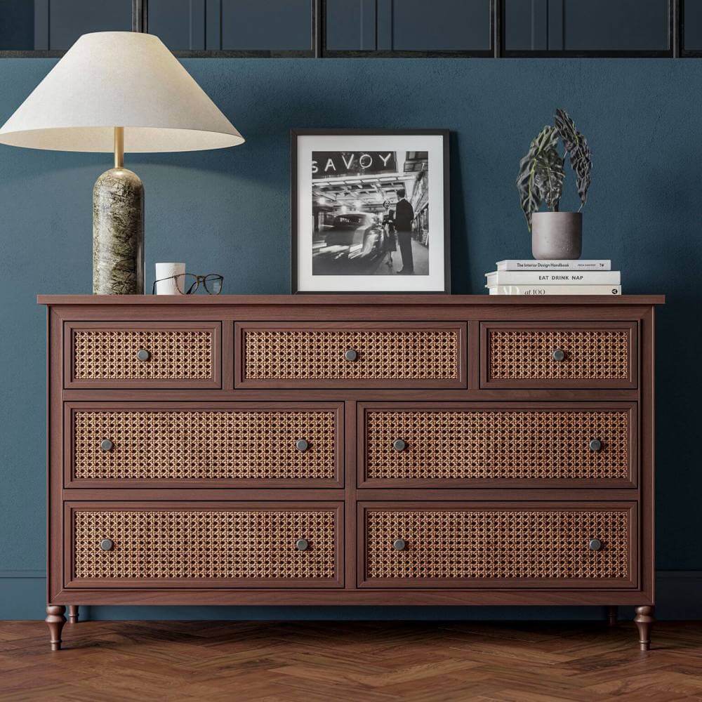 Vintage Rattan 7 Drawer Wide Chest